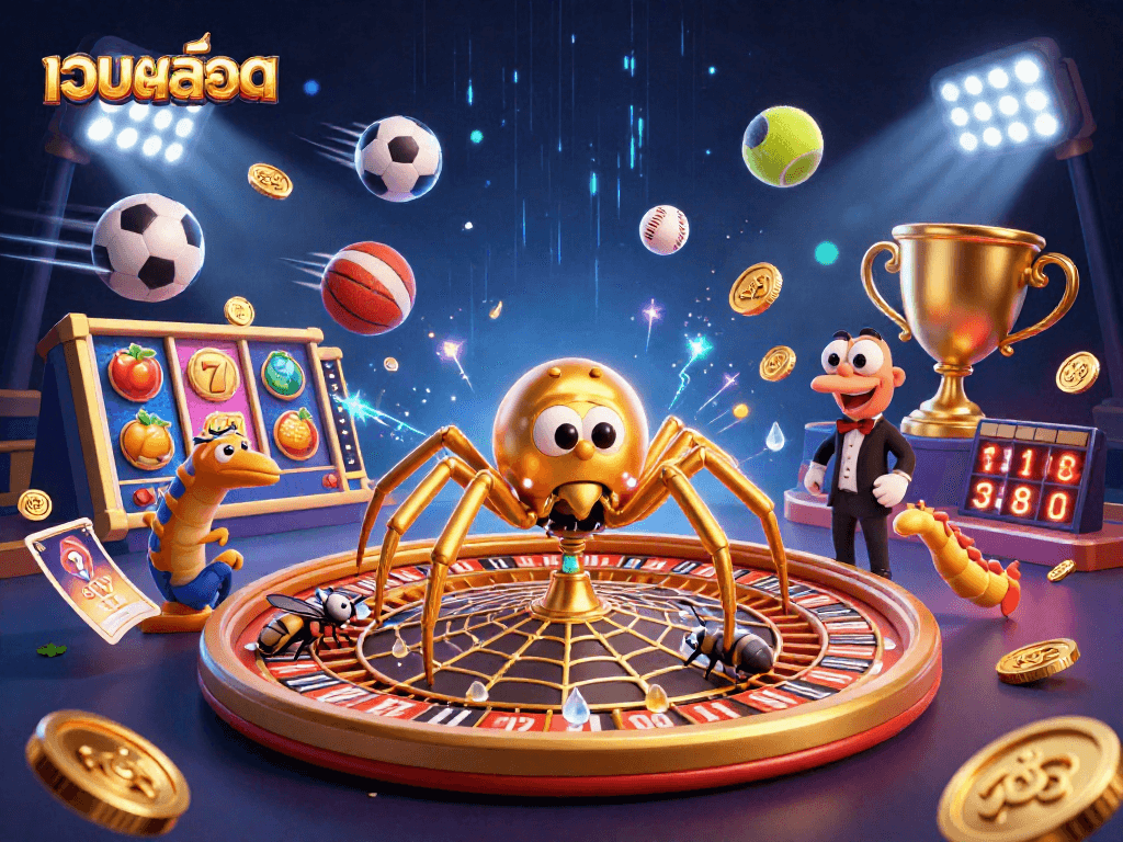Engage with เว็บสล็อต action in vibrant 3D casino illustration featuring a spider and a croupier.