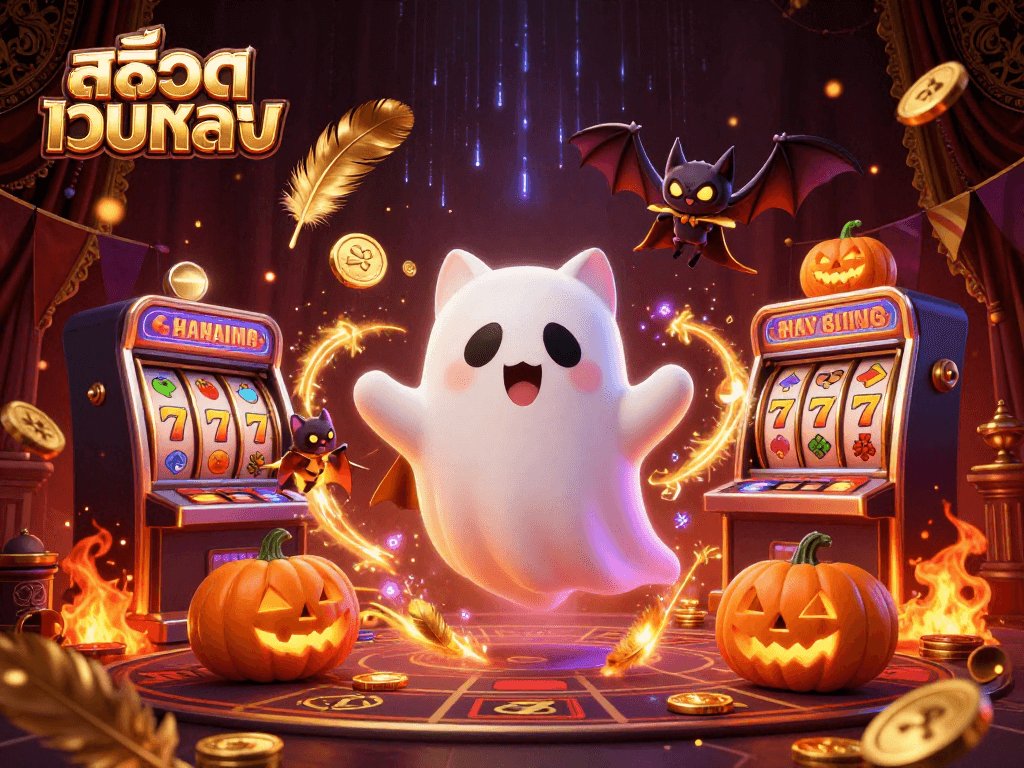 Engage with สล็อตเว็บตรง in a vibrant haunted casino scene featuring a ghost cat and a bat.