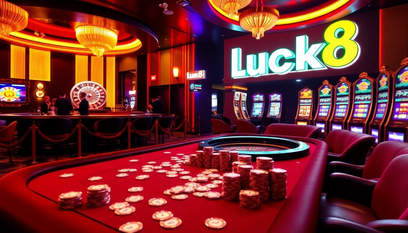 Luck8 gamblers celebrating wins at a luxurious casino table with poker chips and cards.