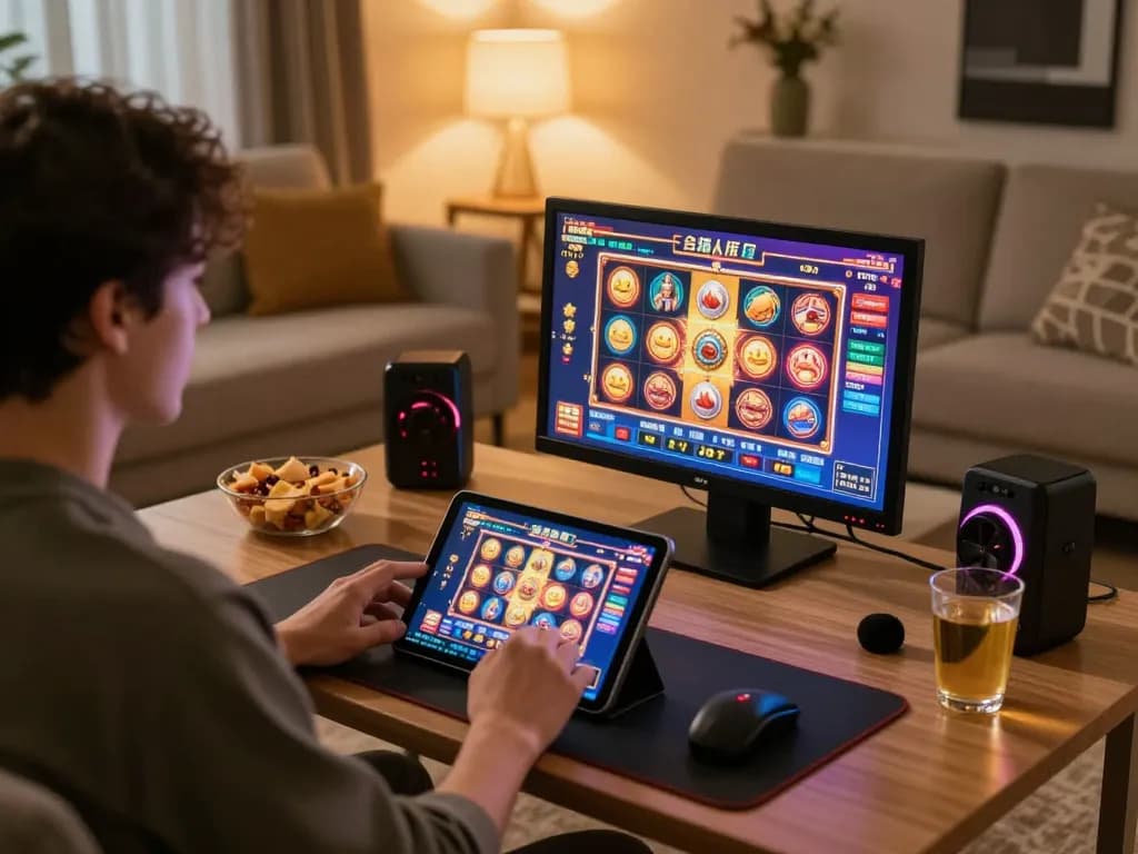 Engaging in online slots on cm88 com tablet in a cozy gaming setup at home