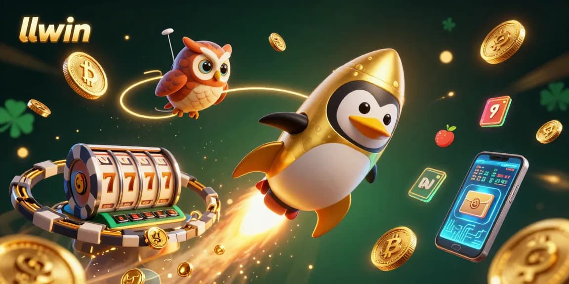 Spin and win with llwin as a golden penguin and poker chip rocket soar through a rich casino-themed galaxy.