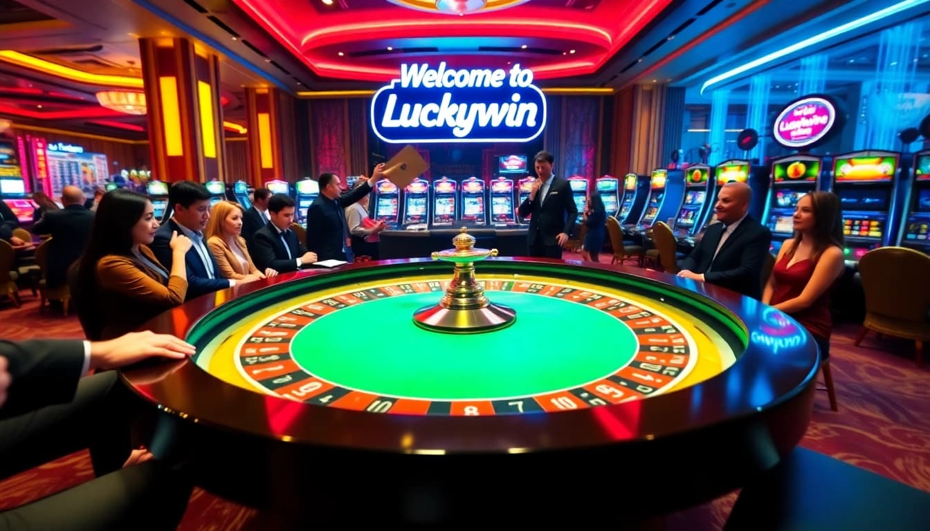 Experience the thrill of online gaming at https://luckywin.hu.net/ with vibrant casino visuals showcasing roulette and slot machines.
