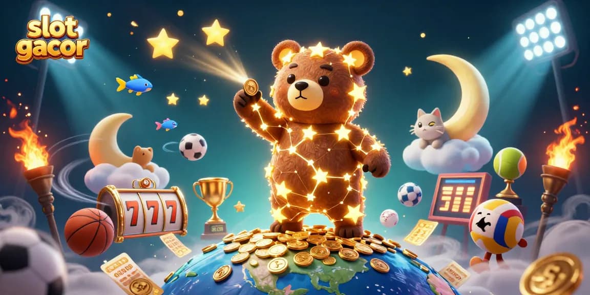 Experience the thrill of slot gacor with golden coins cascading from stars in a vibrant casino scene.