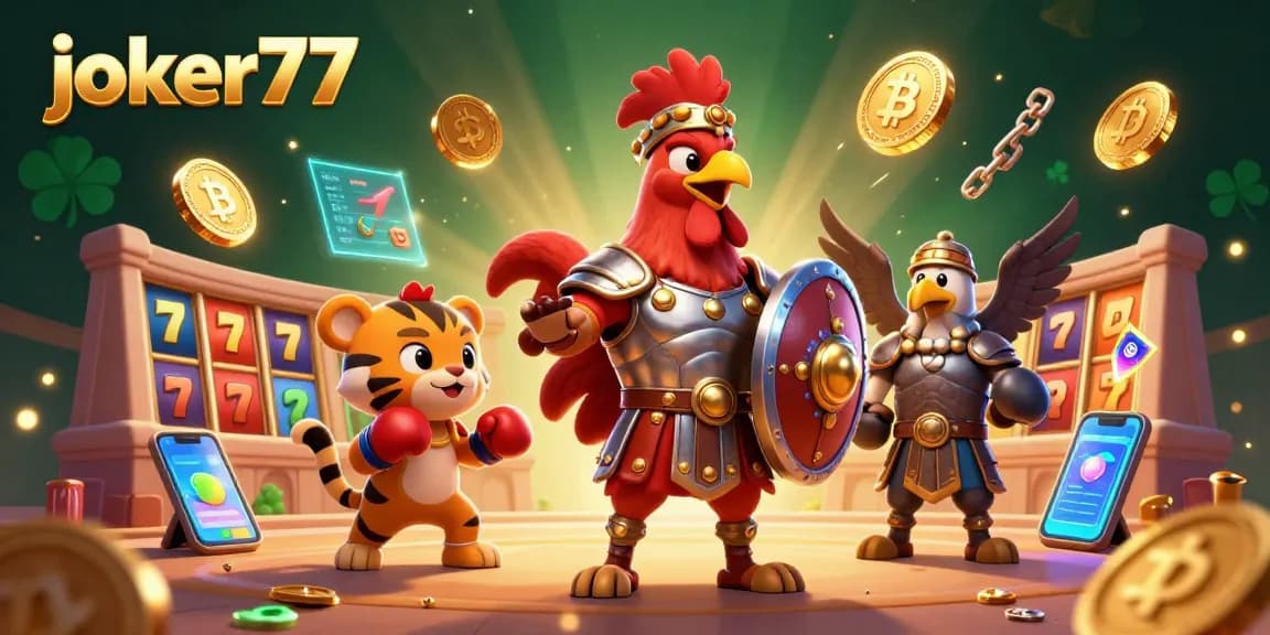Engage with joker77's vibrant slot gaming scene featuring a gladiator rooster, jackpot reels, and crypto elements.