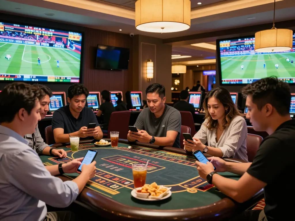 Engaged bettors analyzing odds at a sports betting area in Fun88 com