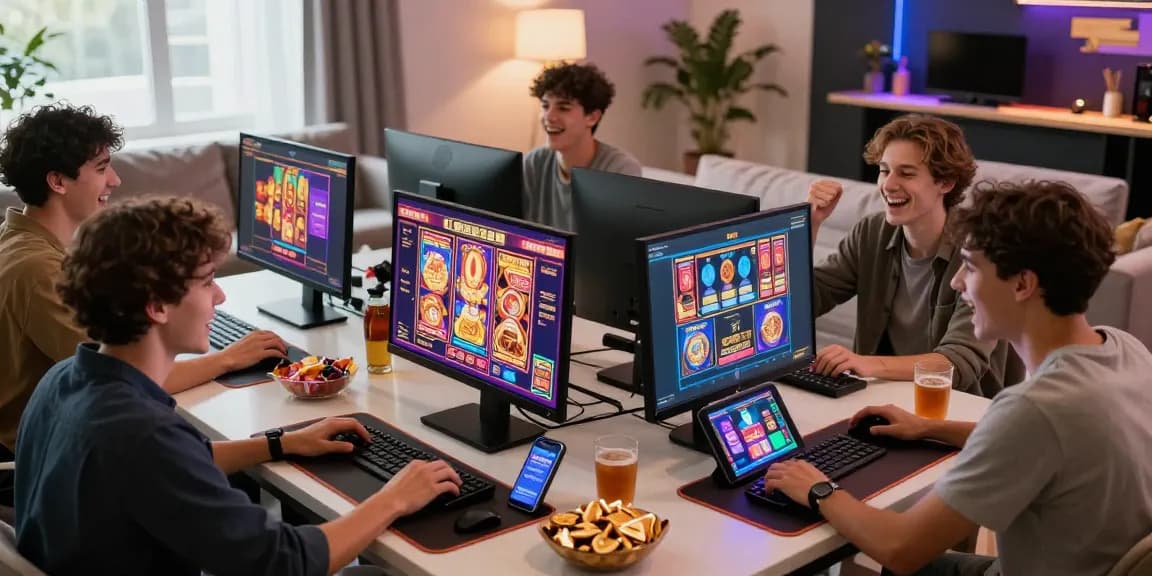 Excited gamers exploring new online casinos on computers and mobile devices in a lively home setting.