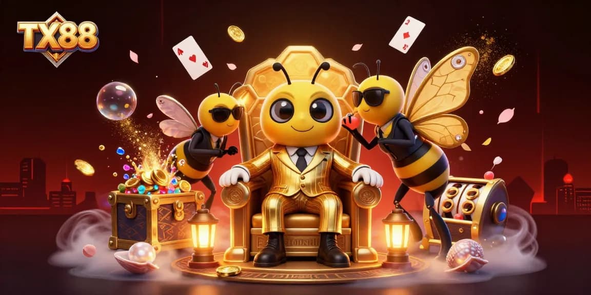 TX88's gambling world comes alive with a vibrant 3D casino scene featuring dynamic slot reels and colorful treasures.