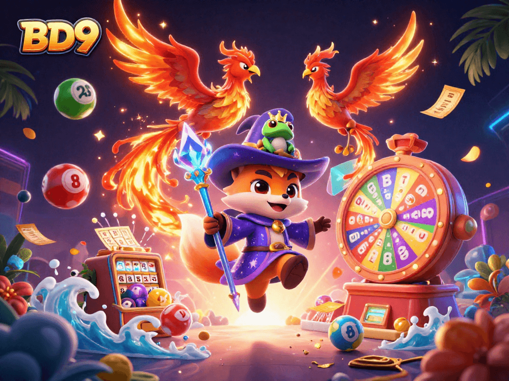 Engage with BD9's vibrant gaming world through mystical 3D characters and exciting prize elements.
