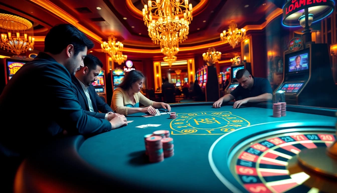 Engaging scene of a casino featuring an immersive poker game amid vibrant slot machines, highlighting a porn game theme.