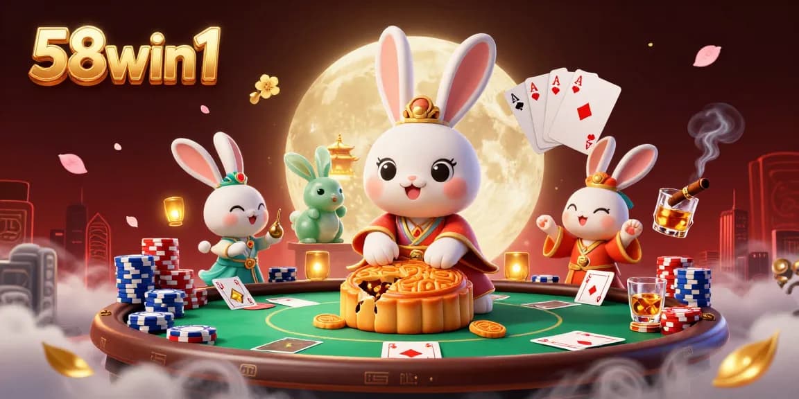 Engage in gaming excitement with 58win1, featuring a moon rabbit and poker elements.