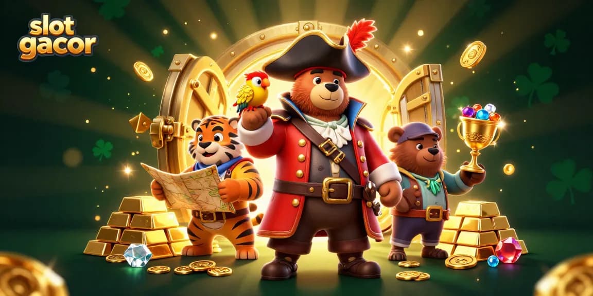 Menangkan slot gacor dengan karakter beruang kapten bajak laut dan harimau di lingkungan kasino berkilauan.