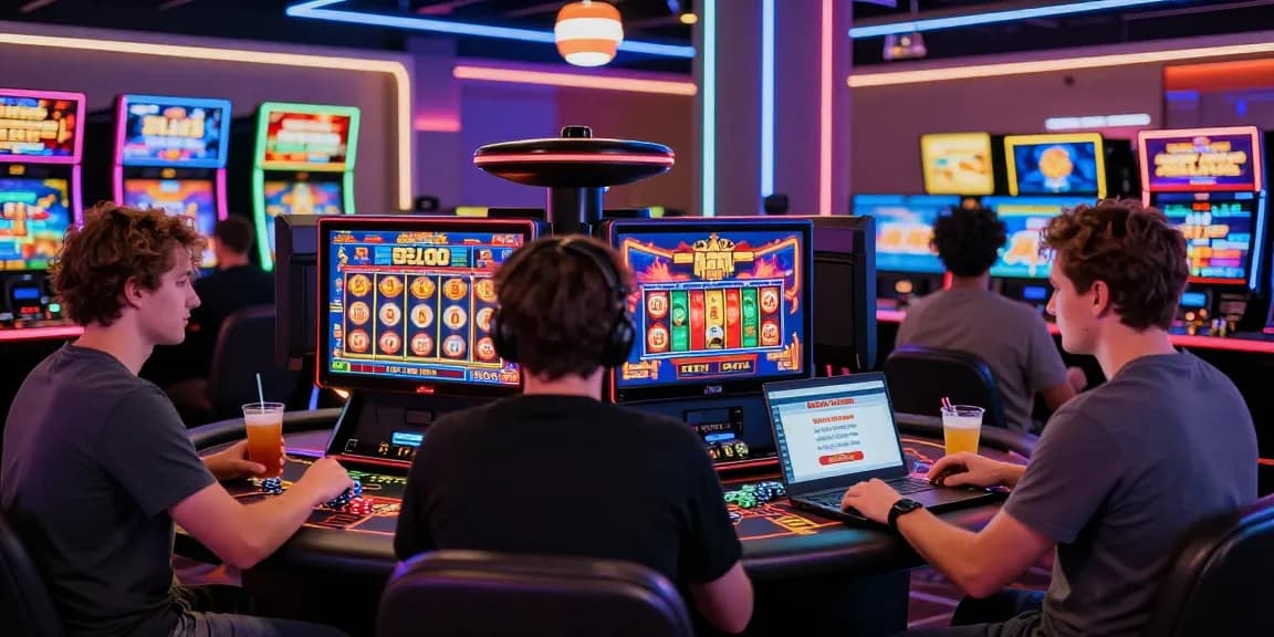 Dynamic online casinos Australia gaming scene with players enjoying pokies and table games in a vibrant, lively atmosphere.