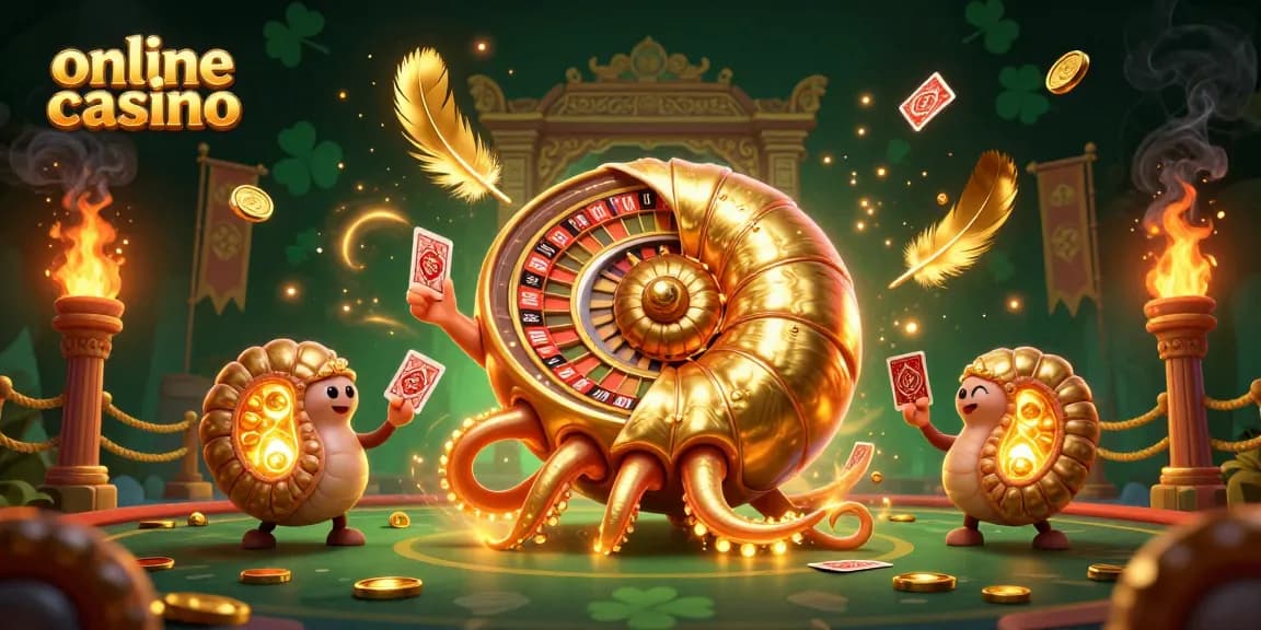 Experience an exciting online casino scene with a giant nautilus and glowing ammonite companions.