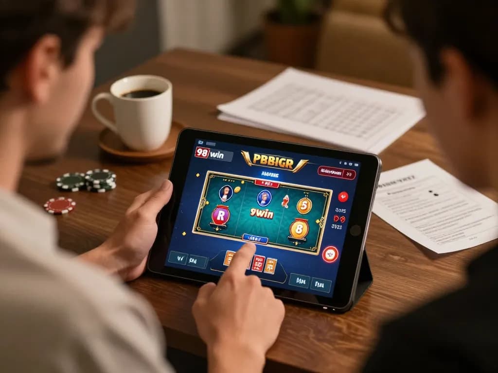 Engaged player using 98win app for online poker gaming at home with cozy setup
