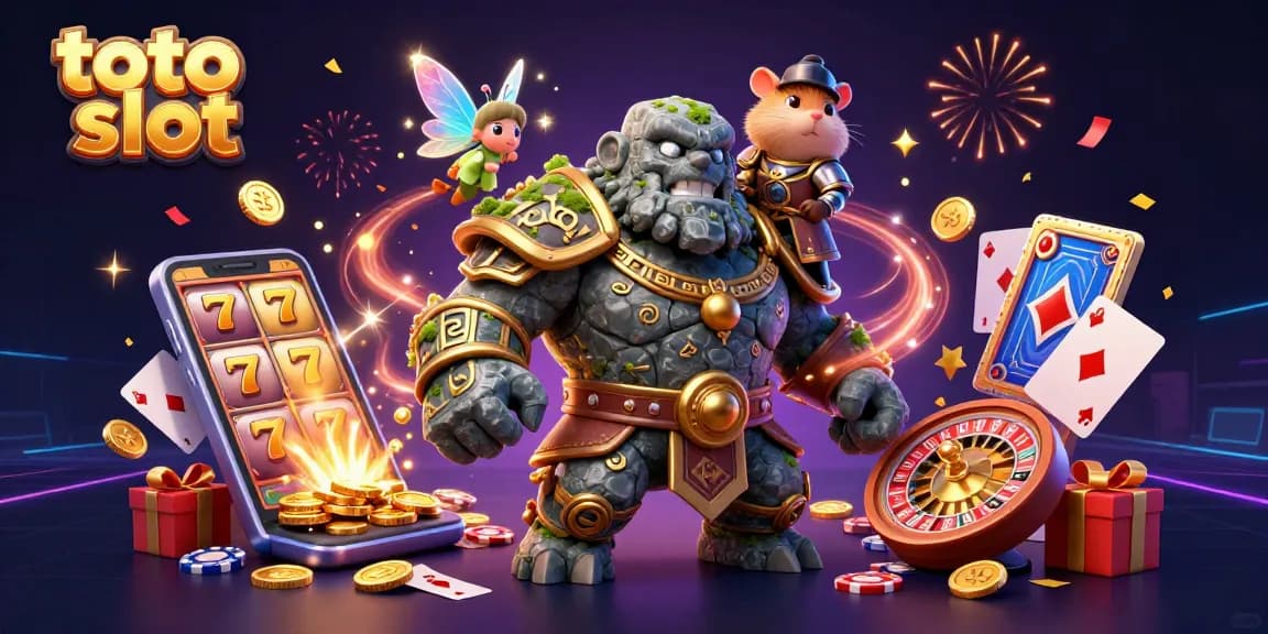 Experience thrilling gameplay with toto slot, featuring a vibrant 3D golem and magical elements.