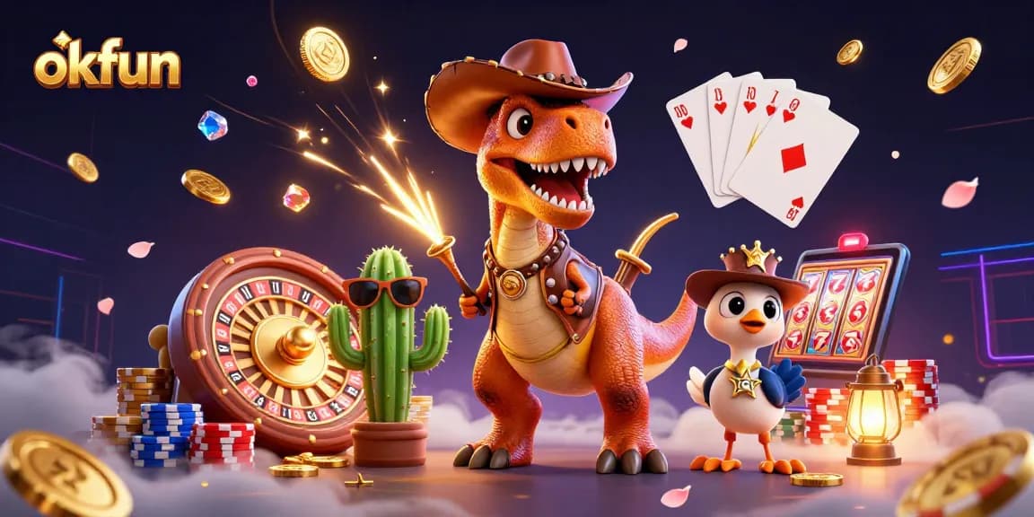 Witness the excitement at okfun with vibrant casino characters and dynamic elements showcasing the thrill of play.