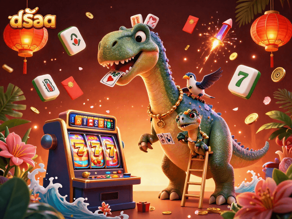 Experience สล็อต action with a brontosaurus and clever raptor in a vibrant casino scene.