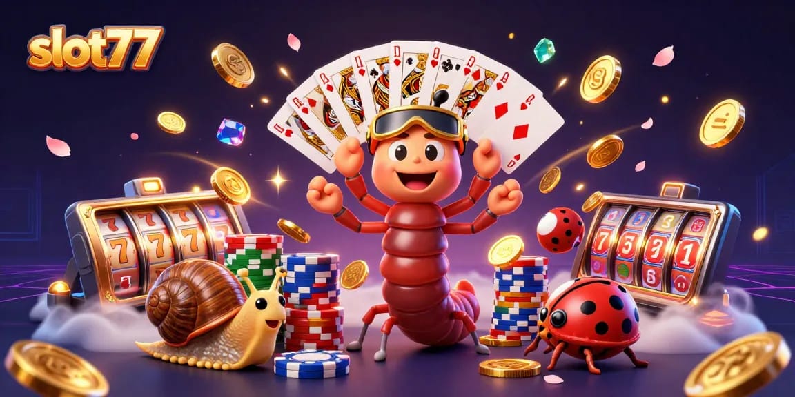 Experience the thrill at slot77 with a colorful 3D casino scene featuring a millipede dealer and exciting gameplay elements.