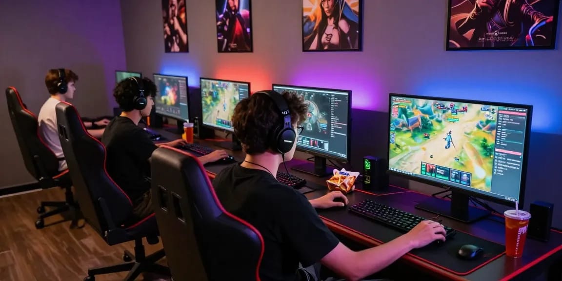iwin gamers in a vibrant lounge, engaging with online games, highlighting immersive gaming culture.