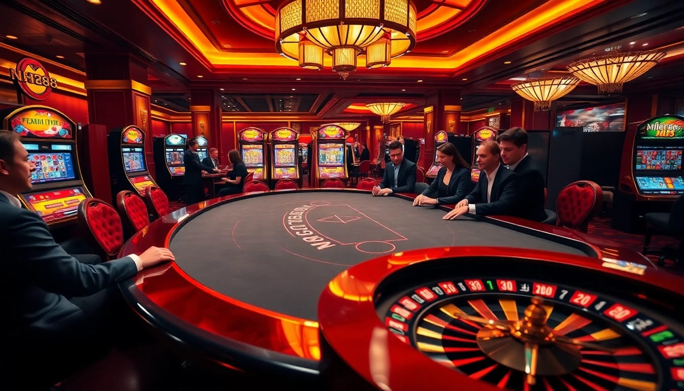 Gamblers engaging at a sophisticated nh88 casino table, vibrant slots in background.
