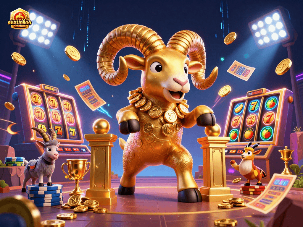 Experience the excitement at the australian online casino with a vibrant 3D scene of a charging golden ram and slot elements.