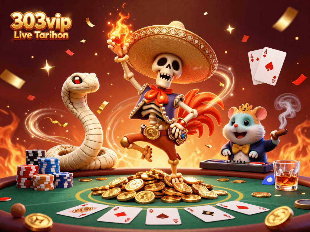 Experience thrilling wins with 303vip Live Taruhan in a dynamic, festive casino illustration.