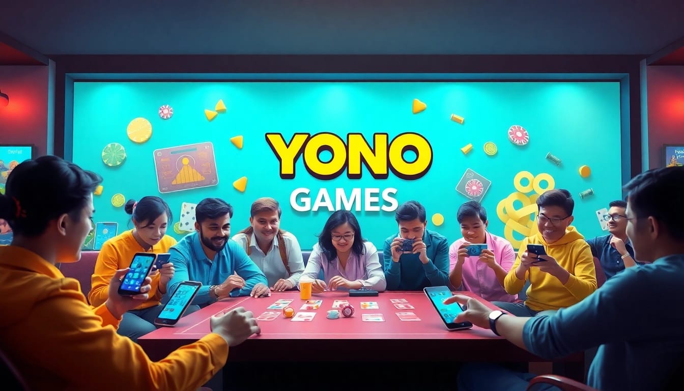 Vibrant scene of players engaging in Yono Games on smartphones, showcasing a lively gaming atmosphere.