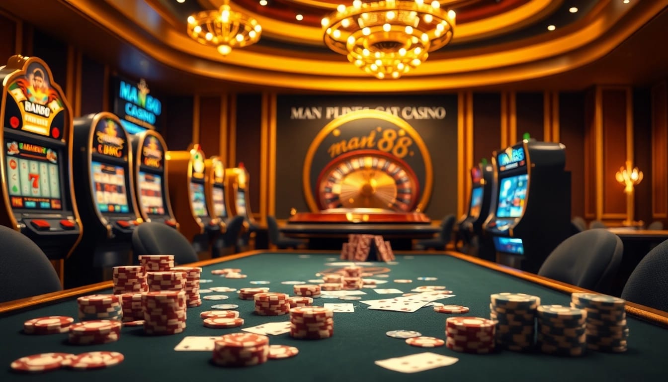 Man88 casino scene showcasing poker chips, slot machines, and a roulette wheel in an elegant setting.