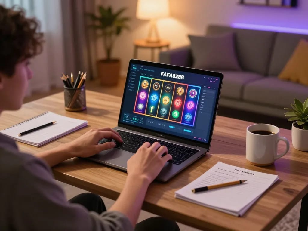 Player enjoying FAFA828 online slots at home, highlighting an engaging and strategic gaming experience.