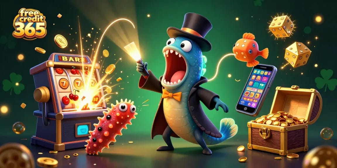Experience the excitement of free credit 365 at a magical online casino with vibrant characters and thrilling elements.