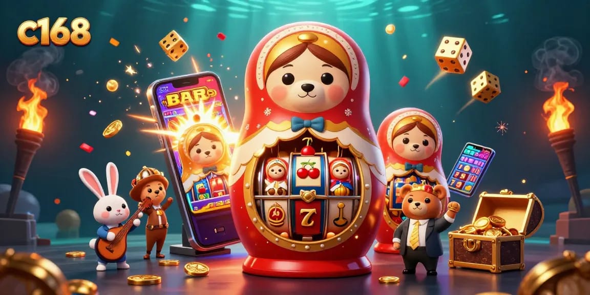 c168 casino-themed image featuring vibrant slot machines, playful characters, and celebratory elements