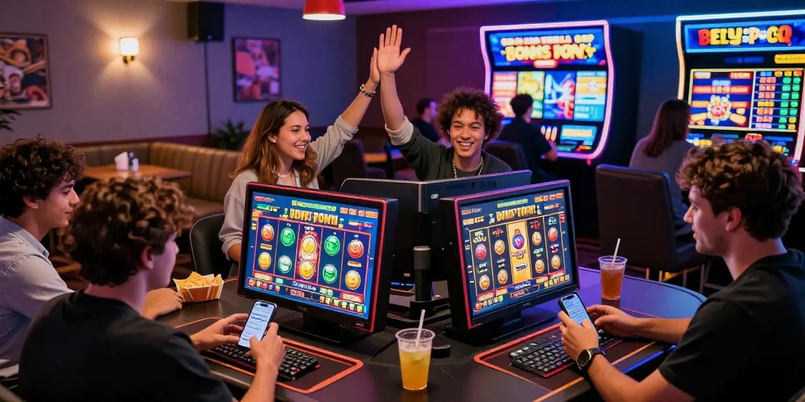 Players enjoying bonus buy slots at an exciting online casino, showcasing vibrant screens and engaging gameplay.