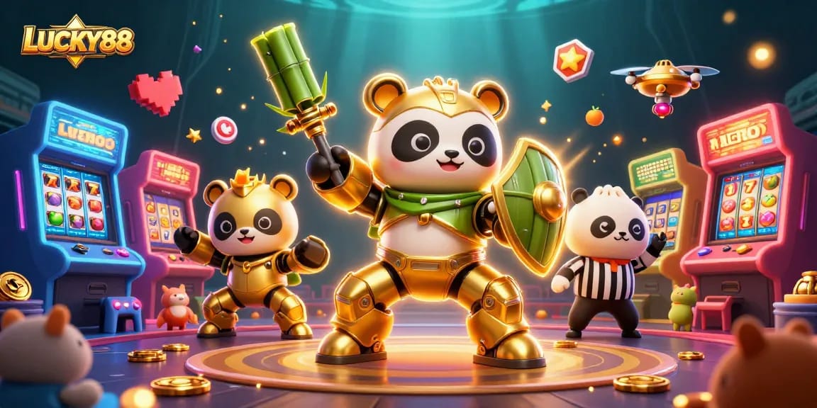 Play LUCKY88 with vibrant slot reels and golden panda pilot in an engaging casino arena