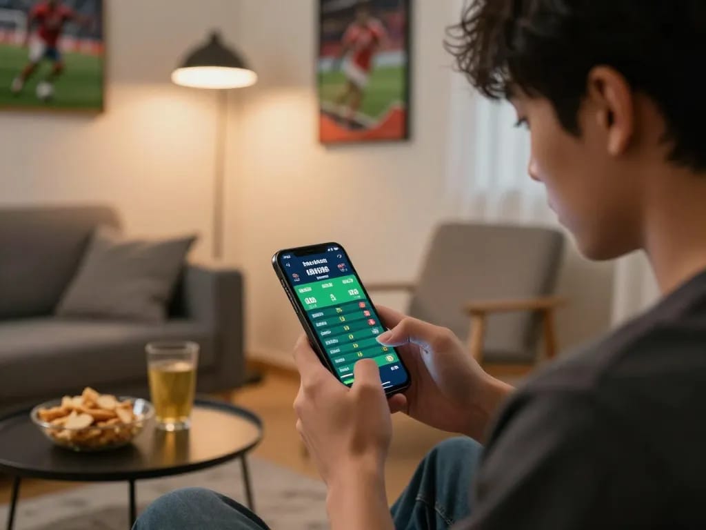 Engaging in kèo bóng đá trực tuyến betting via smartphone, capturing the thrill of online sports betting.