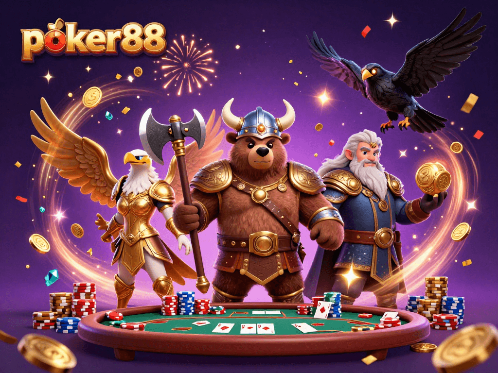 Memenangkan permainan poker88 dengan beragam chip poker berwarna-warni yang mengelilingi karakter dadu.