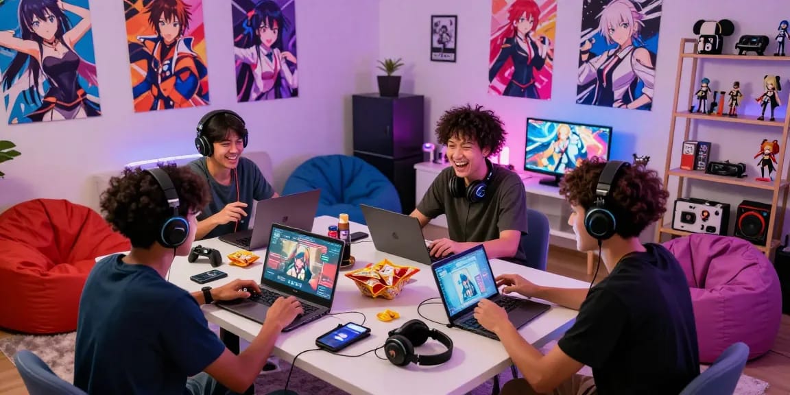 Engaged players enjoying hentai games in a lively gaming room full of anime culture.