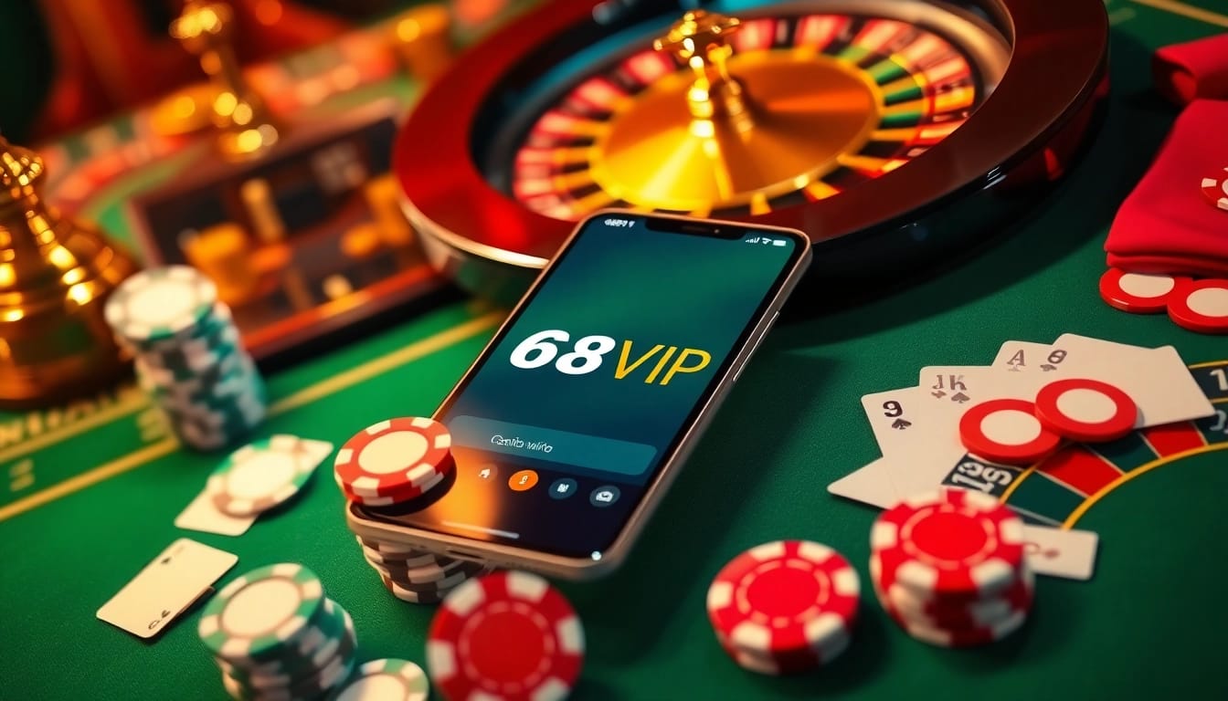 Engaging with the Tải App Nhà Cái 68VIP experience featuring casino elements like cards and chips.