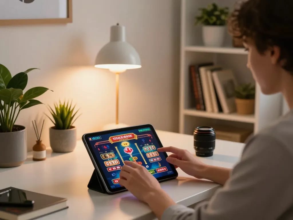 Engaged player enjoying online casinos in Canada on tablet, showcasing vibrant game graphics and comfortable home setting.