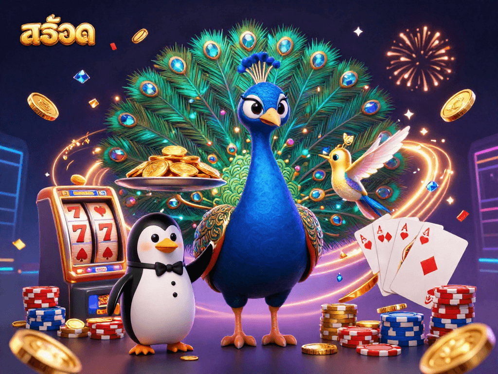 Experience the excitement of สล็อต with vibrant characters amidst dynamic casino elements.