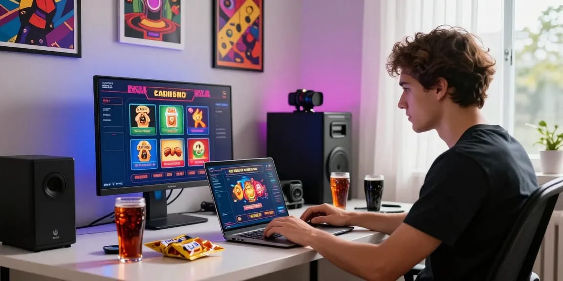 Exploring credit card casinos in a modern home office setup with vibrant gaming atmosphere.