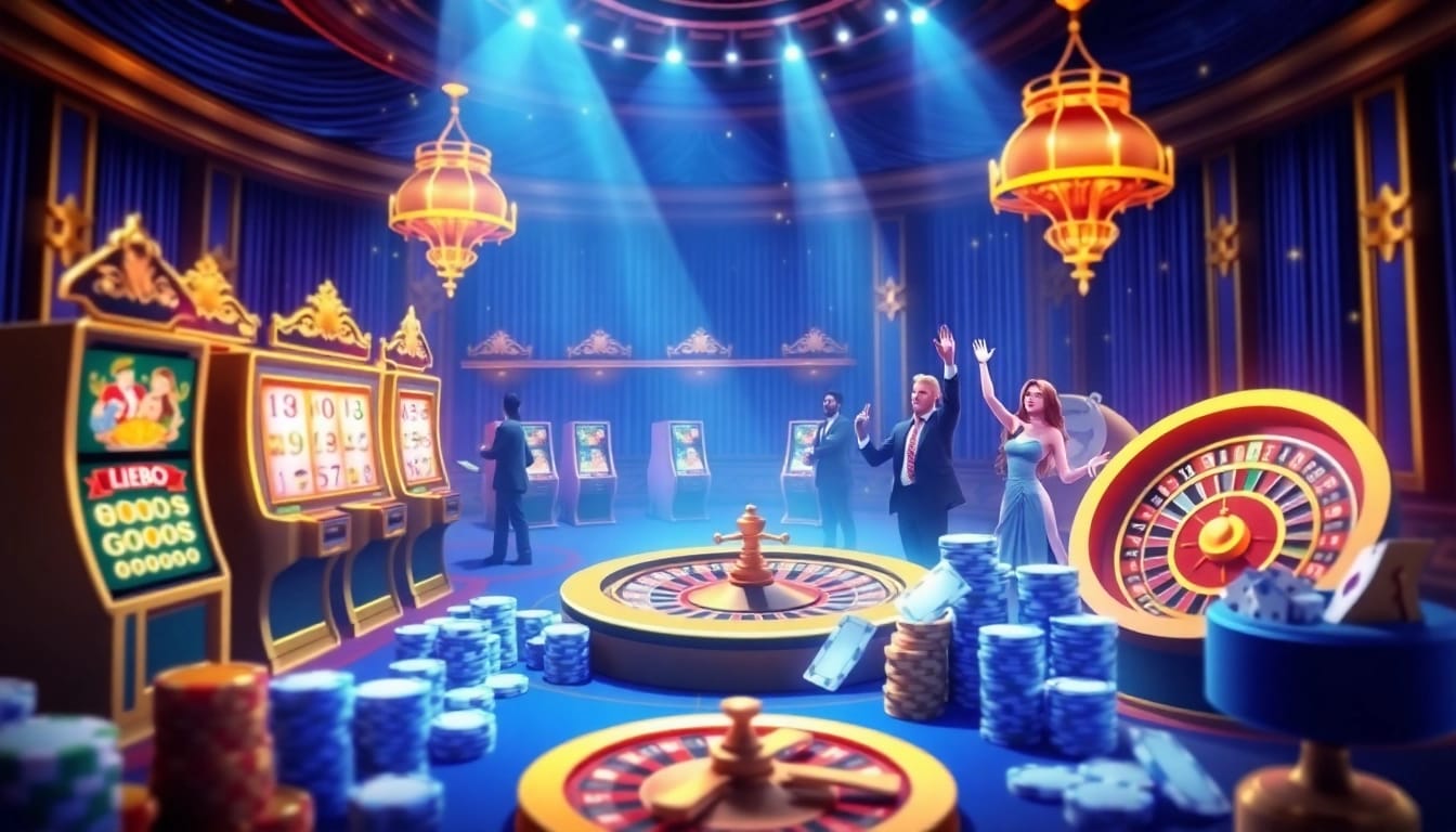 Enjoy the excitement of idn slot games in a luxurious online casino setting featuring vibrant slot machines and roulette.