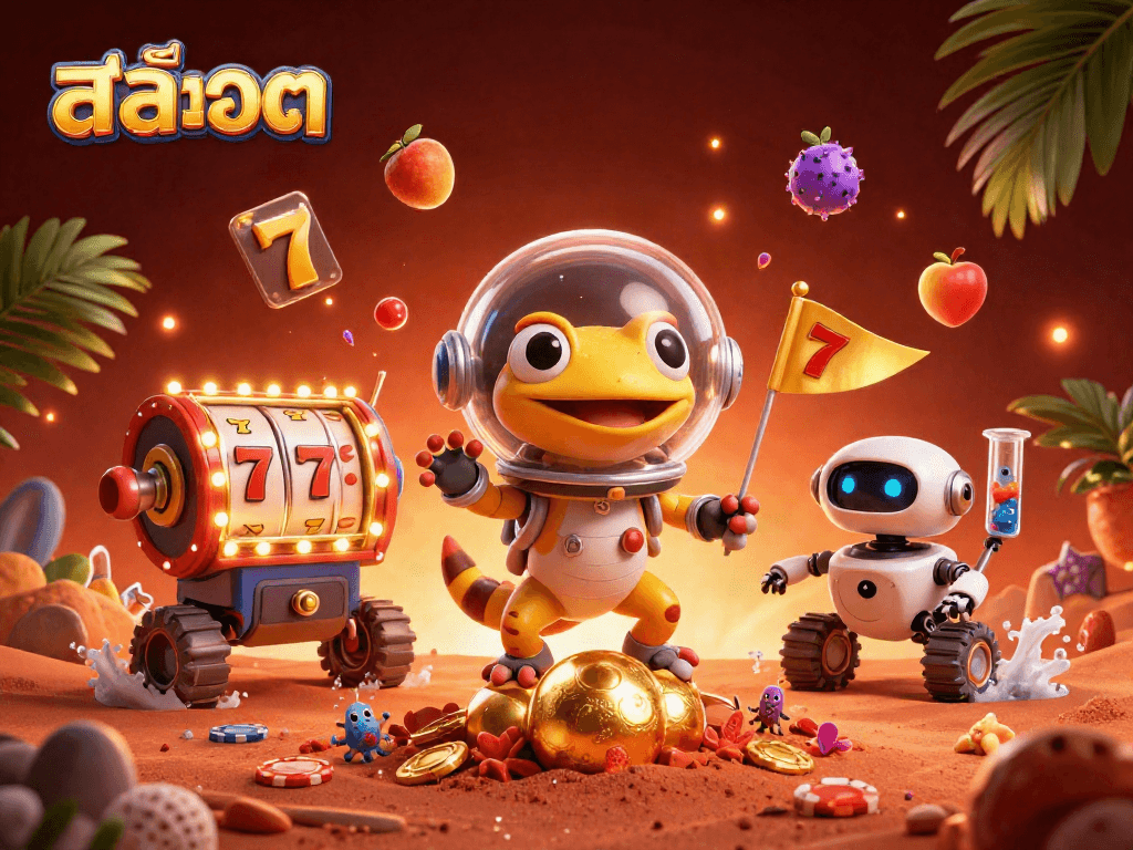 Experience the excitement of สล็อต with vibrant slot reels, a Martian gecko, and casino treasures