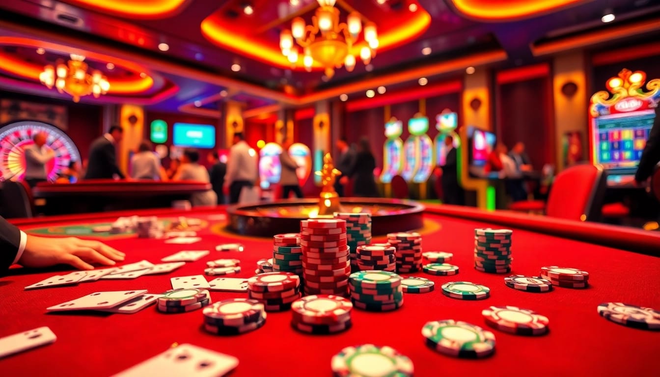 Experience the excitement of trang chủ Jun88 with vibrant casino elements, including glamorous tables and spinning roulette wheels.