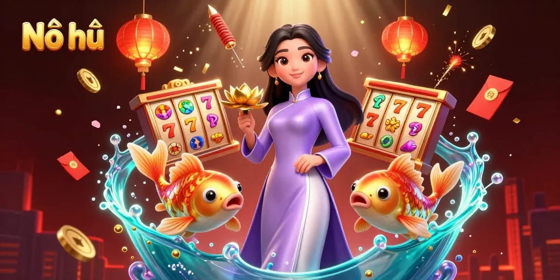 Nổ hũ jackpot scene featuring vibrant slot reels and a styled Asian woman in traditional attire.