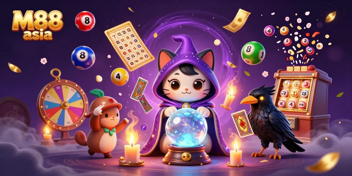 Experience M88 asia's thrilling lottery action with colorful, dynamic elements surrounding mystical characters.