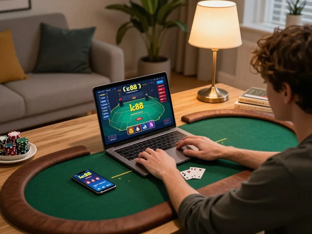 Person enjoying online poker through lc88 app in a cozy home setup.