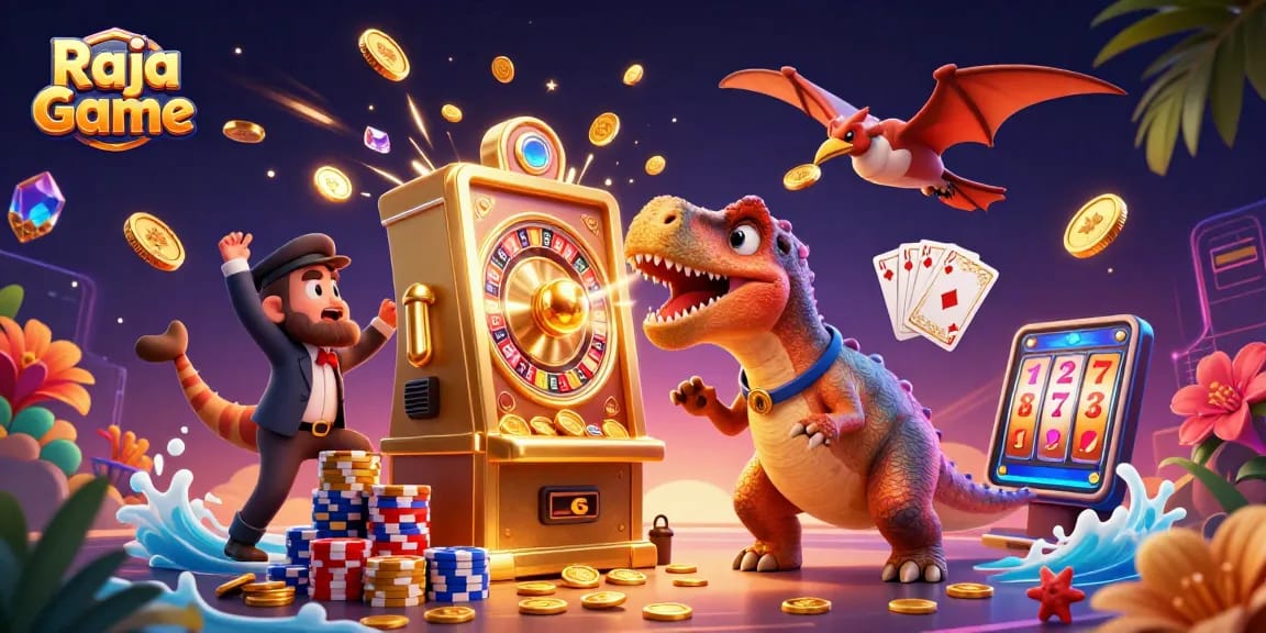 Raja Game showcases a thrilling casino scene with vibrant characters and golden wins in a dynamic atmosphere.