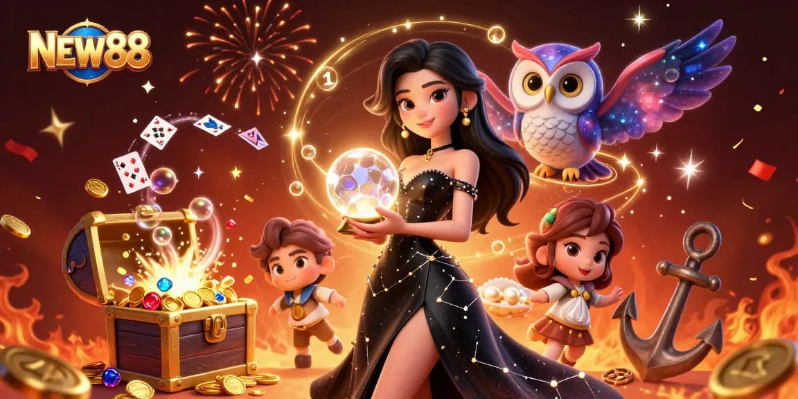 Experience the magic of gambling with NEW88, featuring a stunning woman and mystical elements surrounding a fortune.