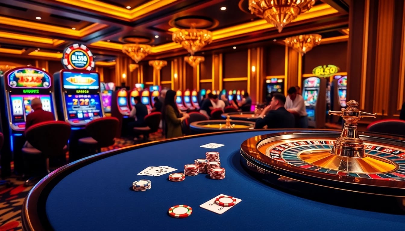 Engaging casino atmosphere featuring players at a poker table with the URL https://bl555.link/ showcasing online gaming excitement.