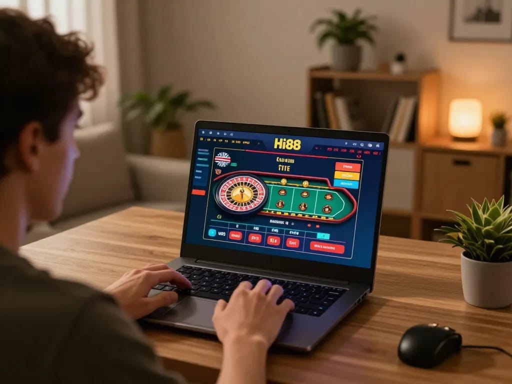 Player engaging with Hi88's online casino games on a laptop in a cozy, stylish home setting.